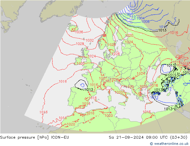 Surface pressure ICON-EU Sa 21.09.2024 09 UTC