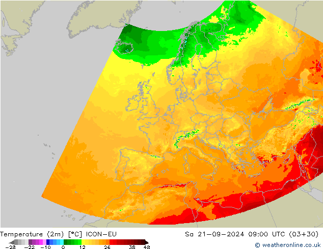 Temperaturkarte (2m) ICON-EU Sa 21.09.2024 09 UTC