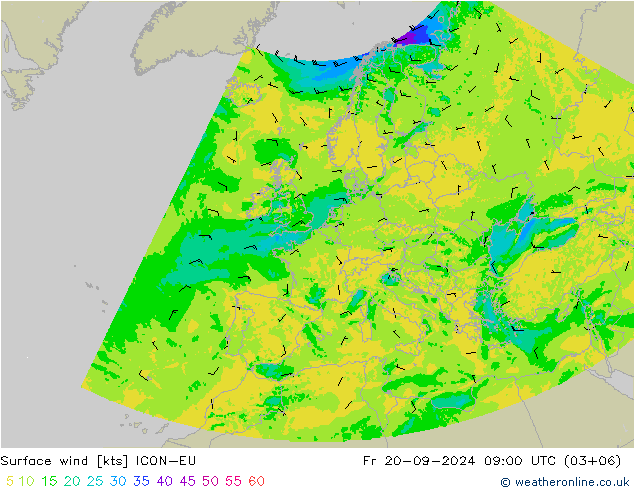 Surface wind ICON-EU Pá 20.09.2024 09 UTC