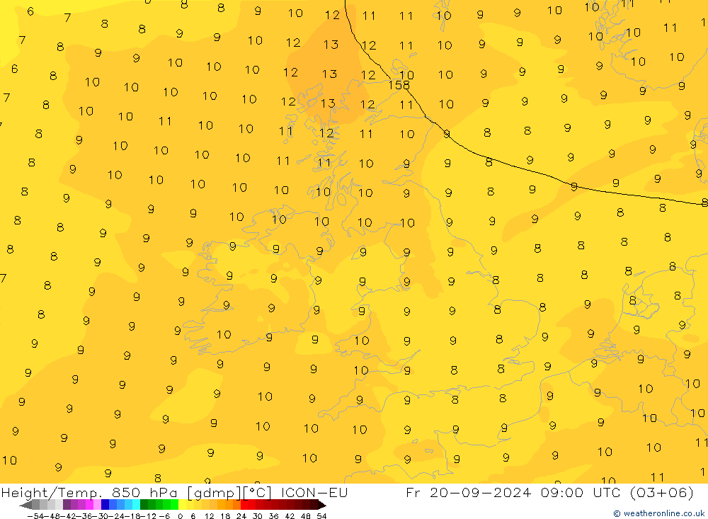 Geop./Temp. 850 hPa ICON-EU vie 20.09.2024 09 UTC