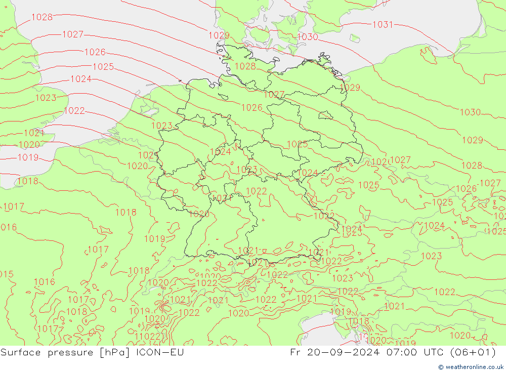 Luchtdruk (Grond) ICON-EU vr 20.09.2024 07 UTC