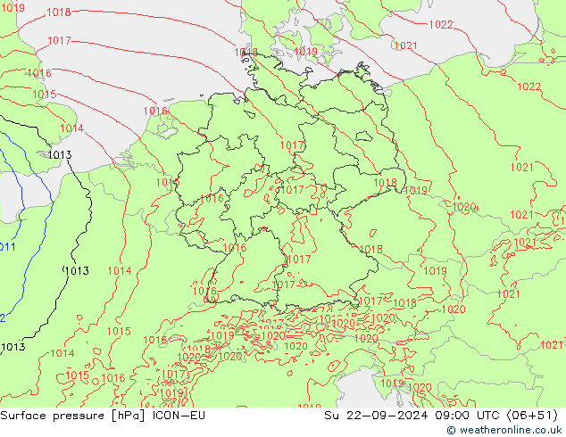 Atmosférický tlak ICON-EU Ne 22.09.2024 09 UTC