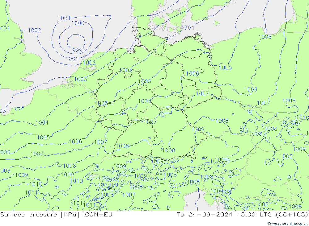 Surface pressure ICON-EU Tu 24.09.2024 15 UTC