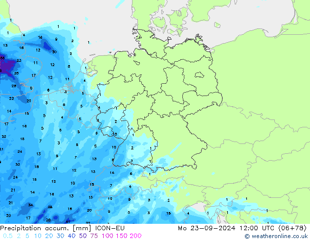 Precipitation accum. ICON-EU Seg 23.09.2024 12 UTC