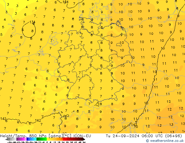 Hoogte/Temp. 850 hPa ICON-EU di 24.09.2024 06 UTC