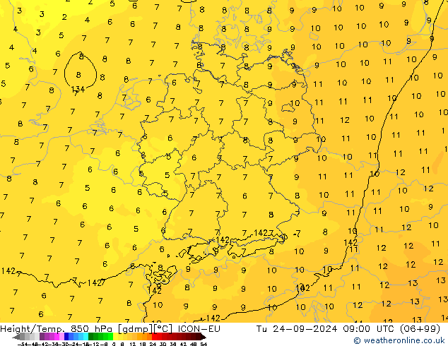 Géop./Temp. 850 hPa ICON-EU mar 24.09.2024 09 UTC