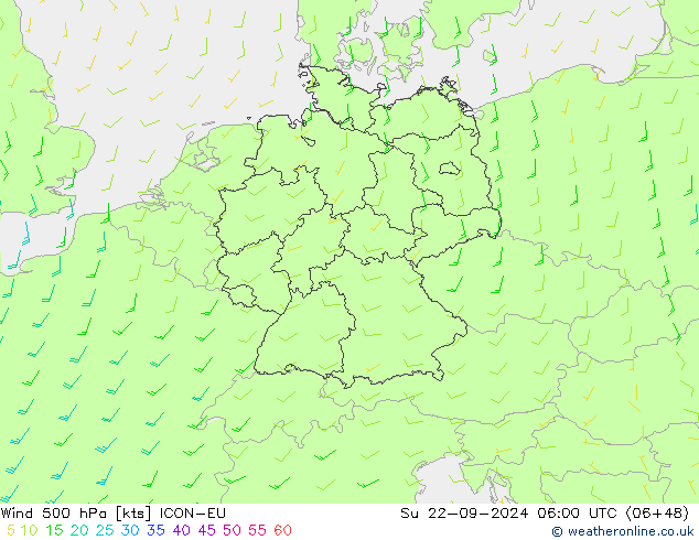 Viento 500 hPa ICON-EU dom 22.09.2024 06 UTC