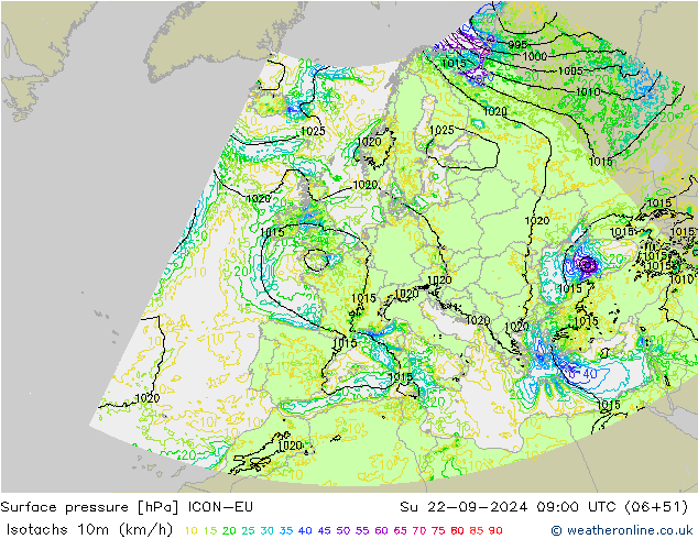 Isotachs (kph) ICON-EU Ne 22.09.2024 09 UTC