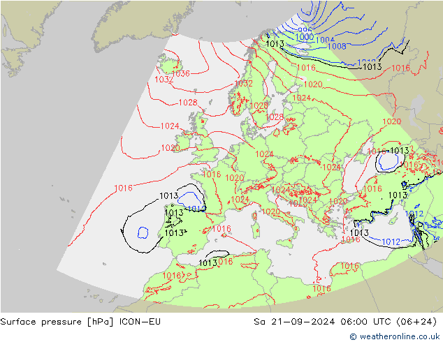 Surface pressure ICON-EU Sa 21.09.2024 06 UTC