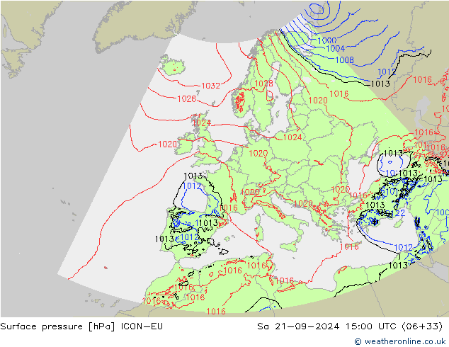 Surface pressure ICON-EU Sa 21.09.2024 15 UTC