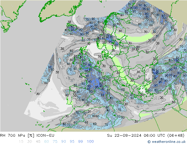 RH 700 hPa ICON-EU dom 22.09.2024 06 UTC