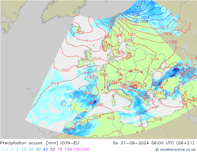 Precipitation accum. ICON-EU So 21.09.2024 06 UTC