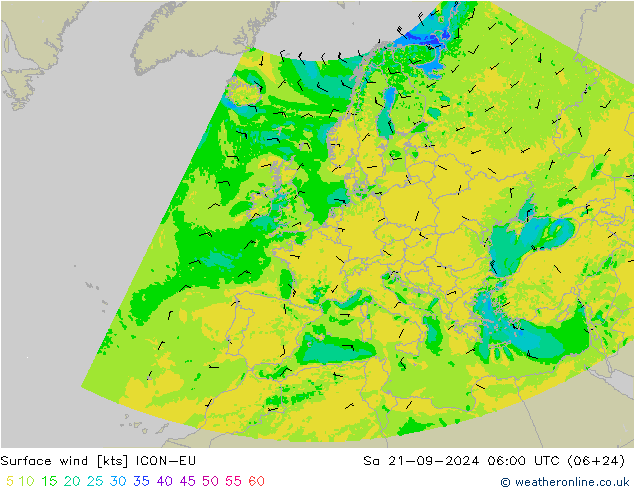 Vento 10 m ICON-EU Sáb 21.09.2024 06 UTC