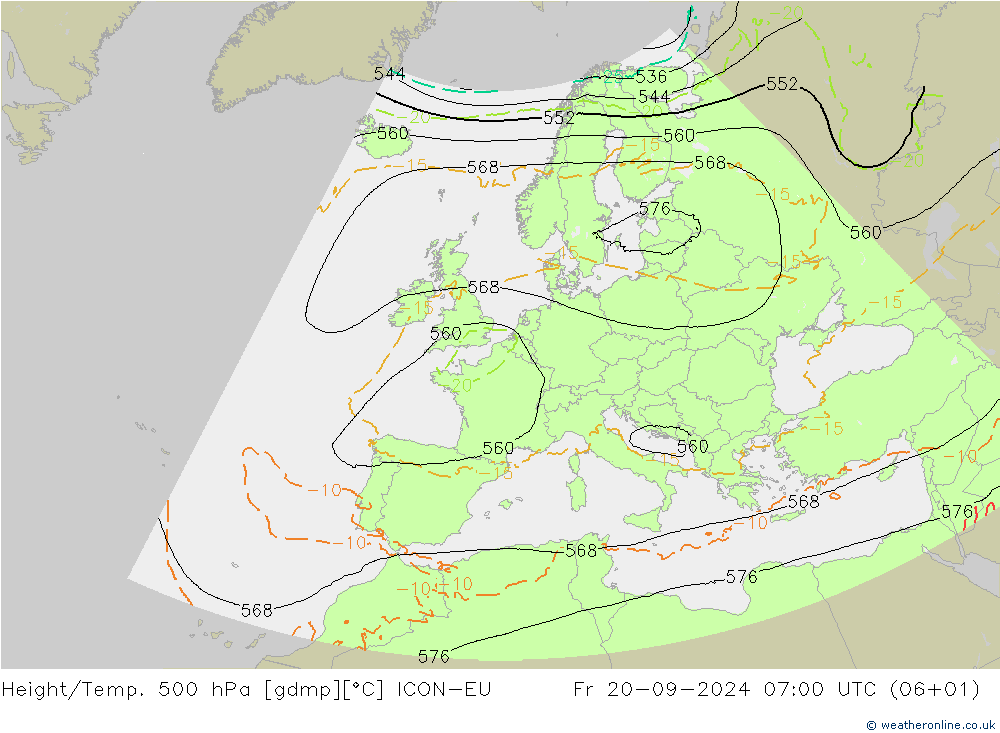 Height/Temp. 500 hPa ICON-EU Fr 20.09.2024 07 UTC