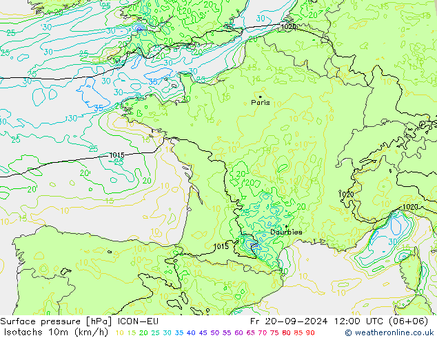 Isotaca (kph) ICON-EU vie 20.09.2024 12 UTC