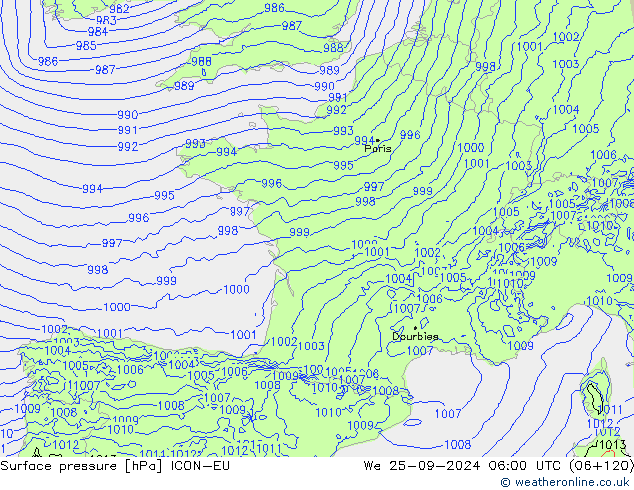 Pressione al suolo ICON-EU mer 25.09.2024 06 UTC