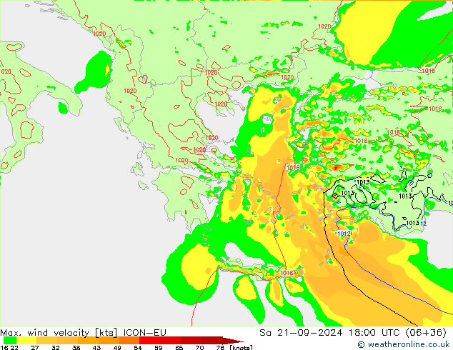 Max. wind velocity ICON-EU sáb 21.09.2024 18 UTC