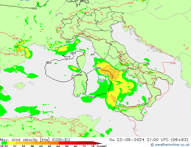 Max. wind velocity ICON-EU Su 22.09.2024 21 UTC