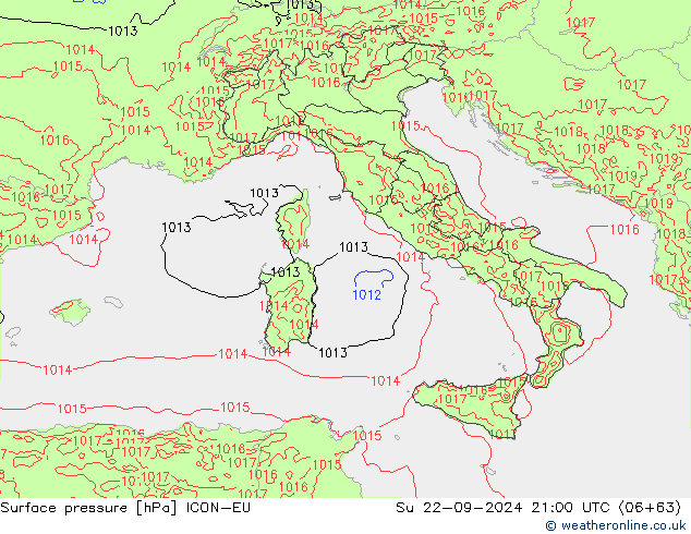 pressão do solo ICON-EU Dom 22.09.2024 21 UTC