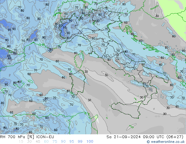 RH 700 hPa ICON-EU Sa 21.09.2024 09 UTC