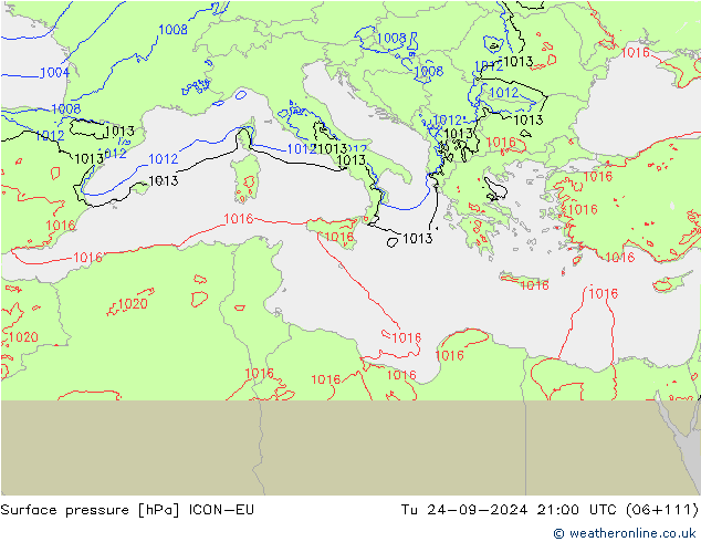 Surface pressure ICON-EU Tu 24.09.2024 21 UTC