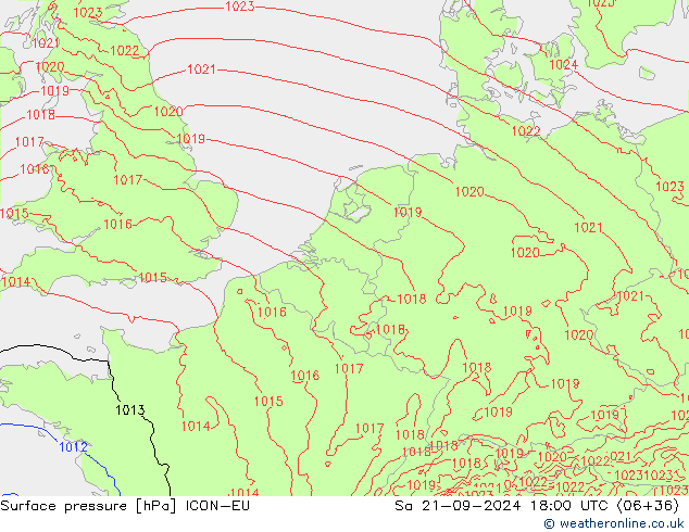 Surface pressure ICON-EU Sa 21.09.2024 18 UTC