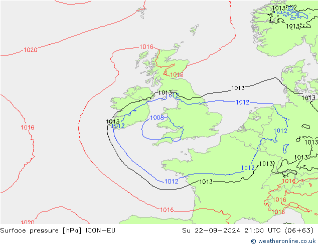 Surface pressure ICON-EU Su 22.09.2024 21 UTC