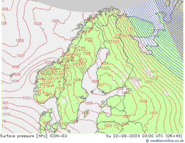 Surface pressure ICON-EU Su 22.09.2024 03 UTC