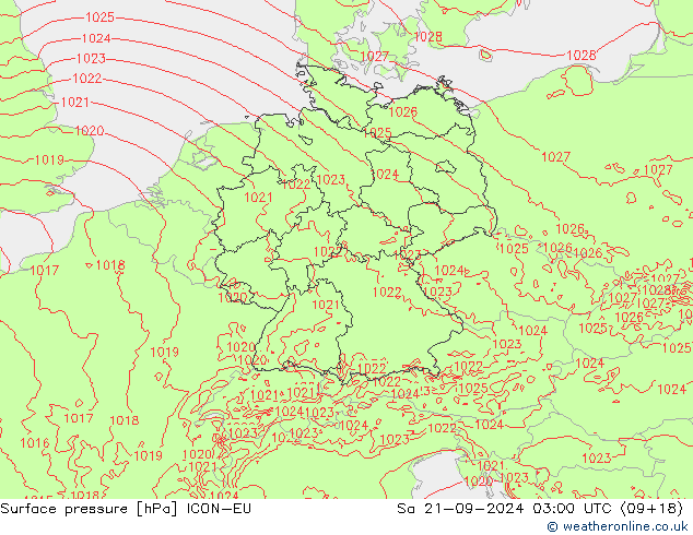 Surface pressure ICON-EU Sa 21.09.2024 03 UTC