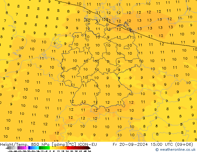 Hoogte/Temp. 850 hPa ICON-EU vr 20.09.2024 15 UTC