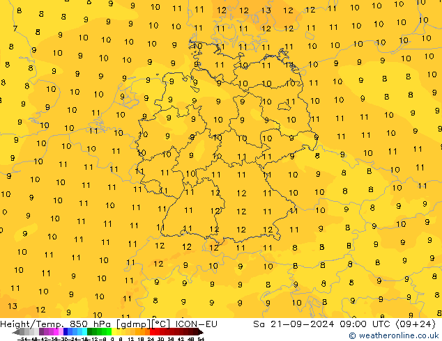 Height/Temp. 850 hPa ICON-EU Sa 21.09.2024 09 UTC