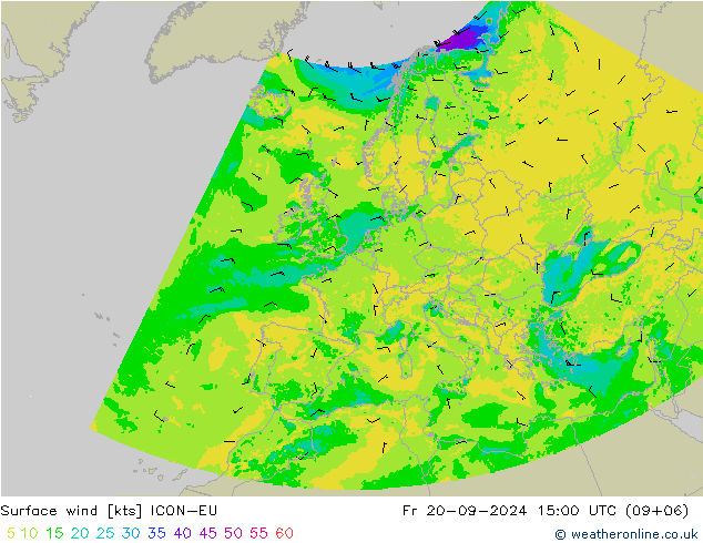 Surface wind ICON-EU Pá 20.09.2024 15 UTC