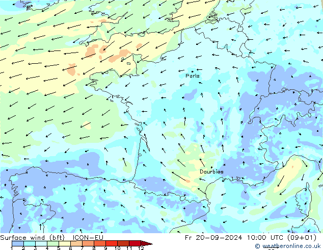 Surface wind (bft) ICON-EU Fr 20.09.2024 10 UTC