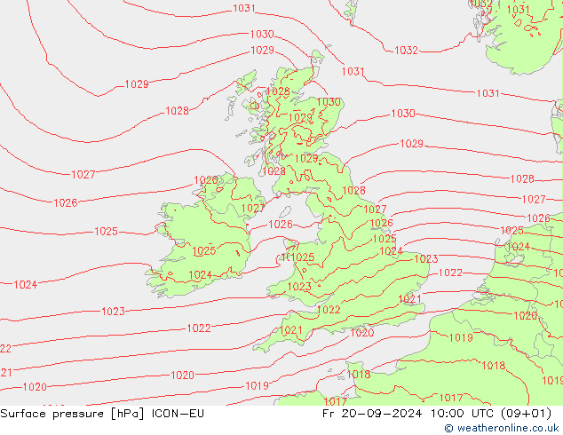 Surface pressure ICON-EU Fr 20.09.2024 10 UTC