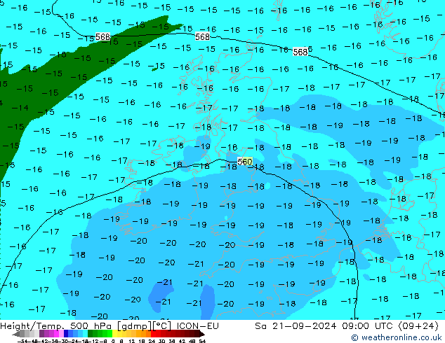 Géop./Temp. 500 hPa ICON-EU sam 21.09.2024 09 UTC