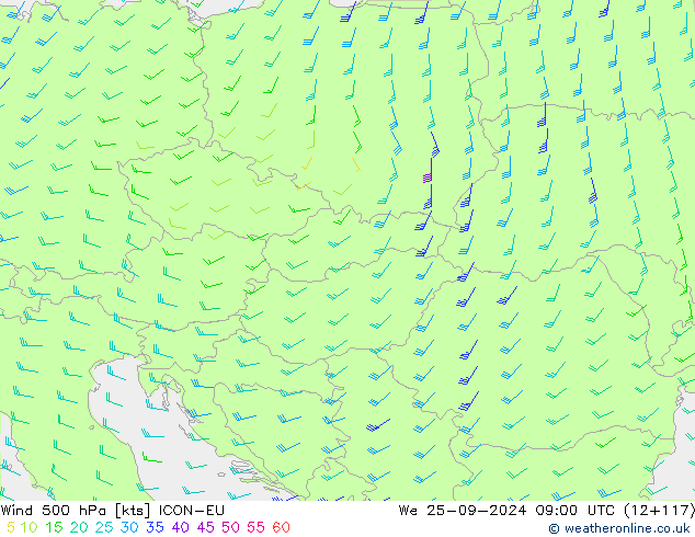 ветер 500 гПа ICON-EU ср 25.09.2024 09 UTC