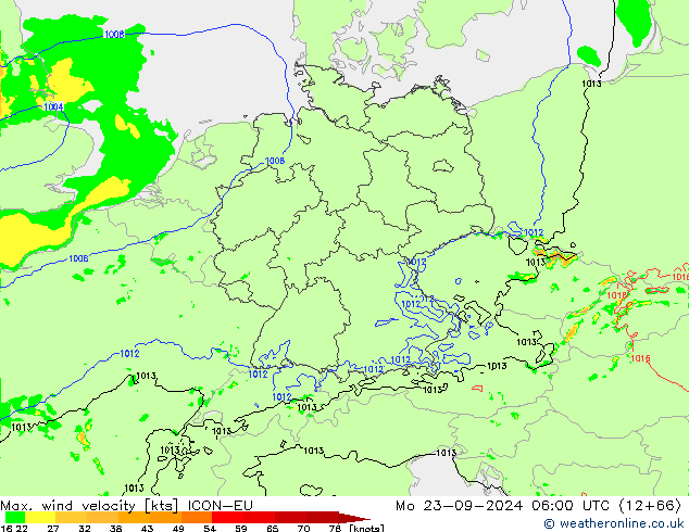 Max. wind velocity ICON-EU Mo 23.09.2024 06 UTC