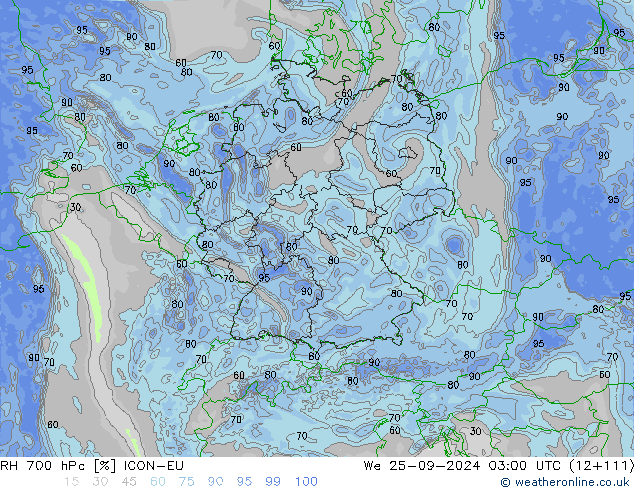 RH 700 hPa ICON-EU 星期三 25.09.2024 03 UTC