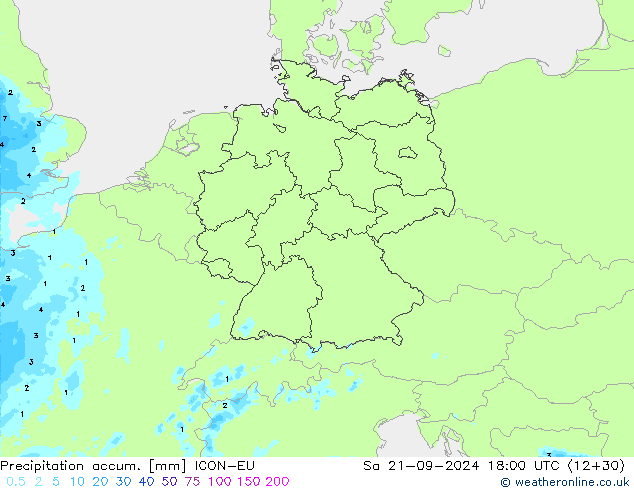 Precipitation accum. ICON-EU Sa 21.09.2024 18 UTC