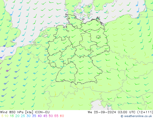 ветер 850 гПа ICON-EU ср 25.09.2024 03 UTC