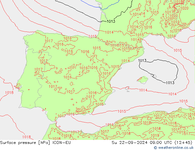 Luchtdruk (Grond) ICON-EU zo 22.09.2024 09 UTC