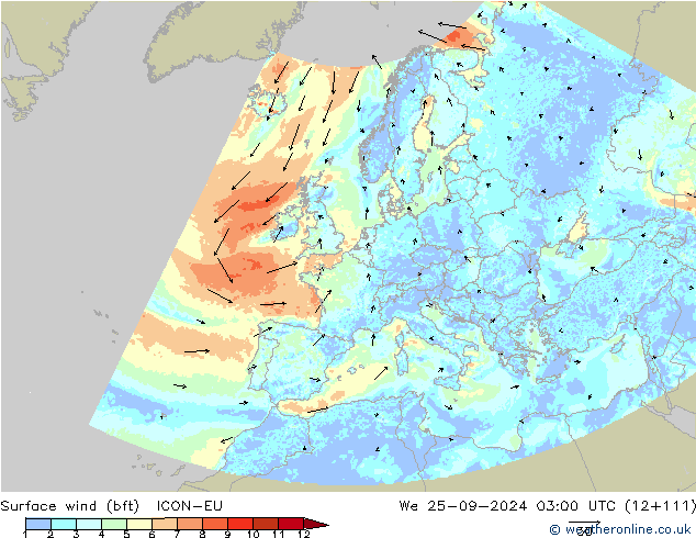 Surface wind (bft) ICON-EU We 25.09.2024 03 UTC