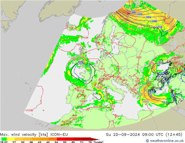 Max. wind velocity ICON-EU 星期日 22.09.2024 09 UTC