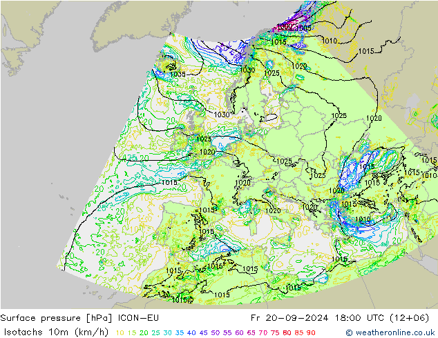 Isotachen (km/h) ICON-EU Fr 20.09.2024 18 UTC