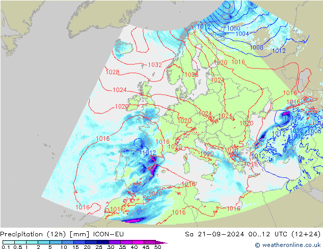 осадки (12h) ICON-EU сб 21.09.2024 12 UTC