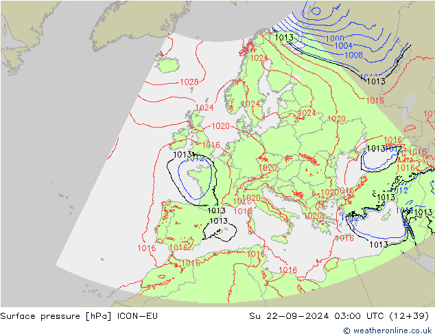 Atmosférický tlak ICON-EU Ne 22.09.2024 03 UTC