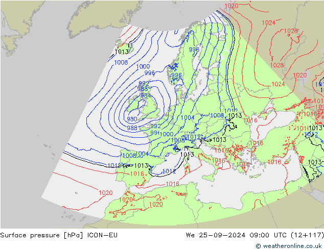 Surface pressure ICON-EU We 25.09.2024 09 UTC