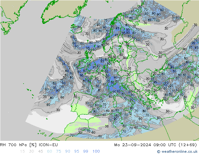 RH 700 hPa ICON-EU Mo 23.09.2024 09 UTC