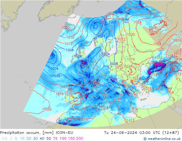 Precipitation accum. ICON-EU 星期二 24.09.2024 03 UTC