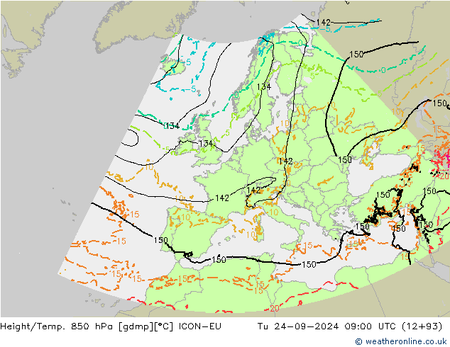 Height/Temp. 850 hPa ICON-EU 星期二 24.09.2024 09 UTC